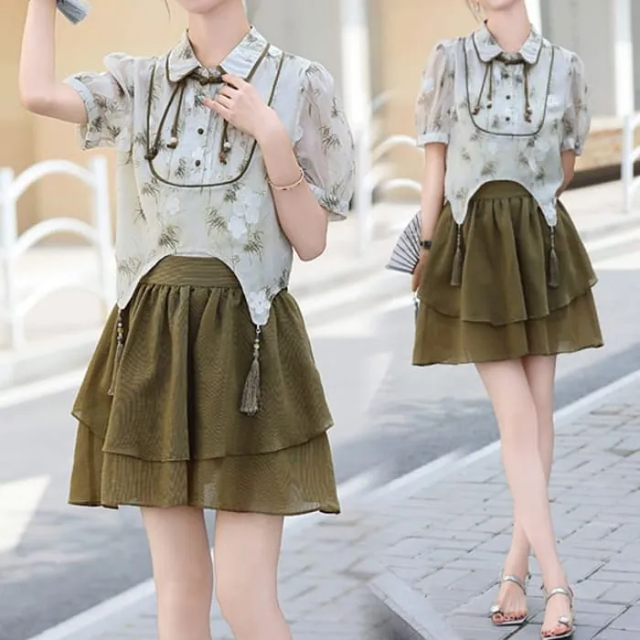 Set: Short-Sleeve Floral Asymmetrical Cropped Frog Button Blouse   Elastic Waist Mini A-Line Skirt