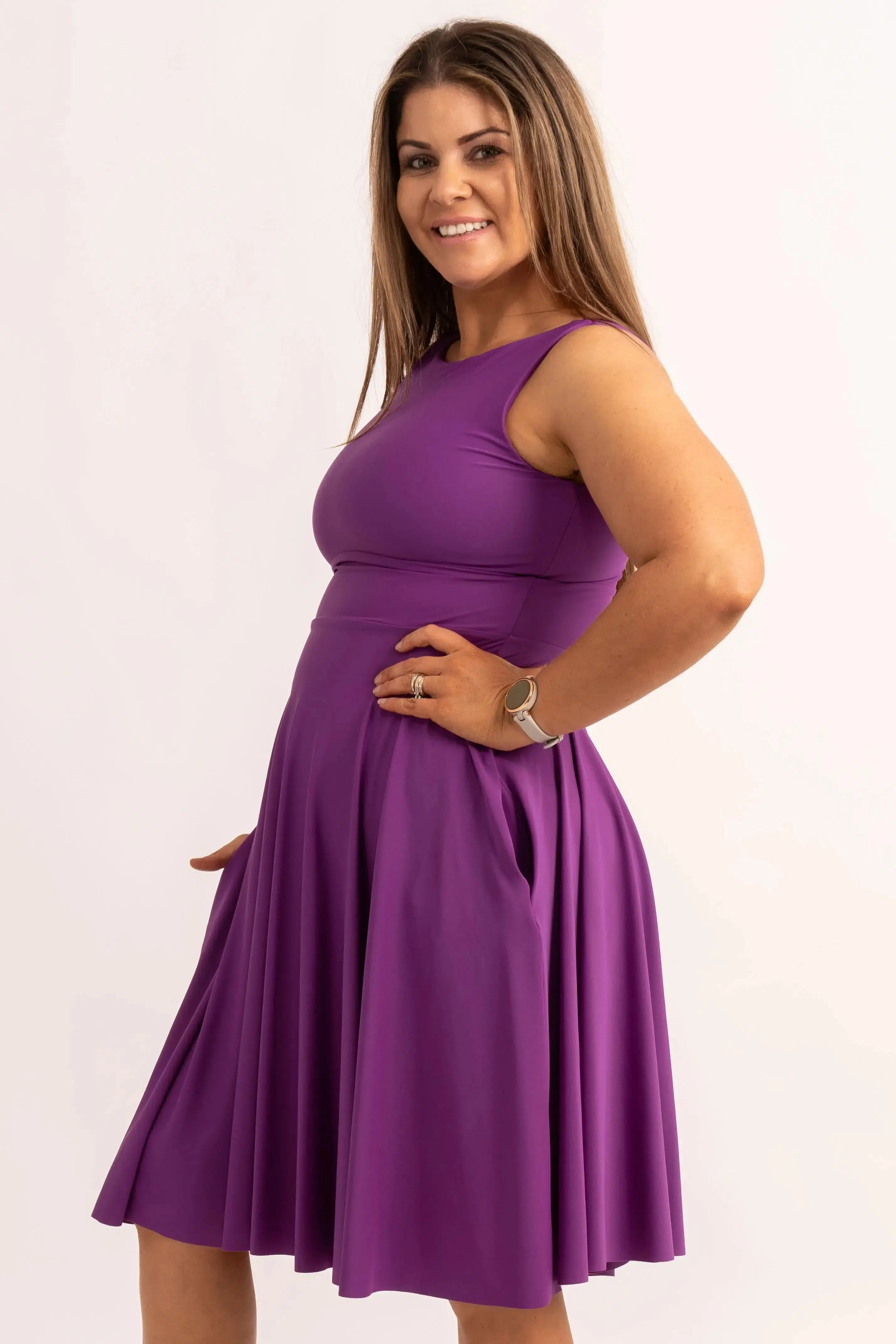 Silky Reversible Comfort Crop Midi Dress W/ Pockets - Purple
