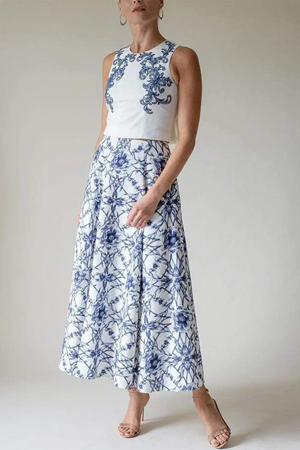 Sleeveless Beaded Crop Top and Skirt