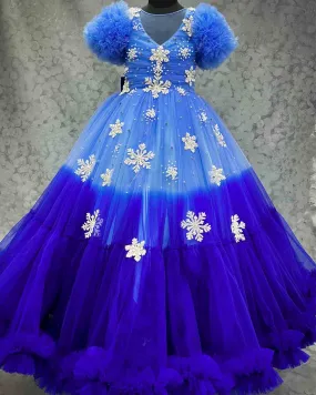 Snowflake theme light cobalt blue shade and dark royal blue layered frilled gown