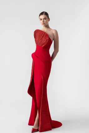 Strapless Lamé Organza Dress with Sculptural Bodice