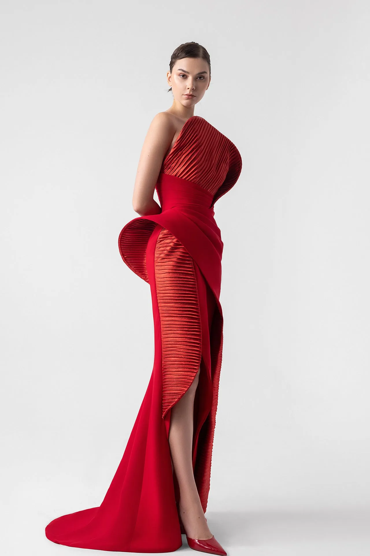 Strapless Lamé Organza Dress with Sculptural Bodice