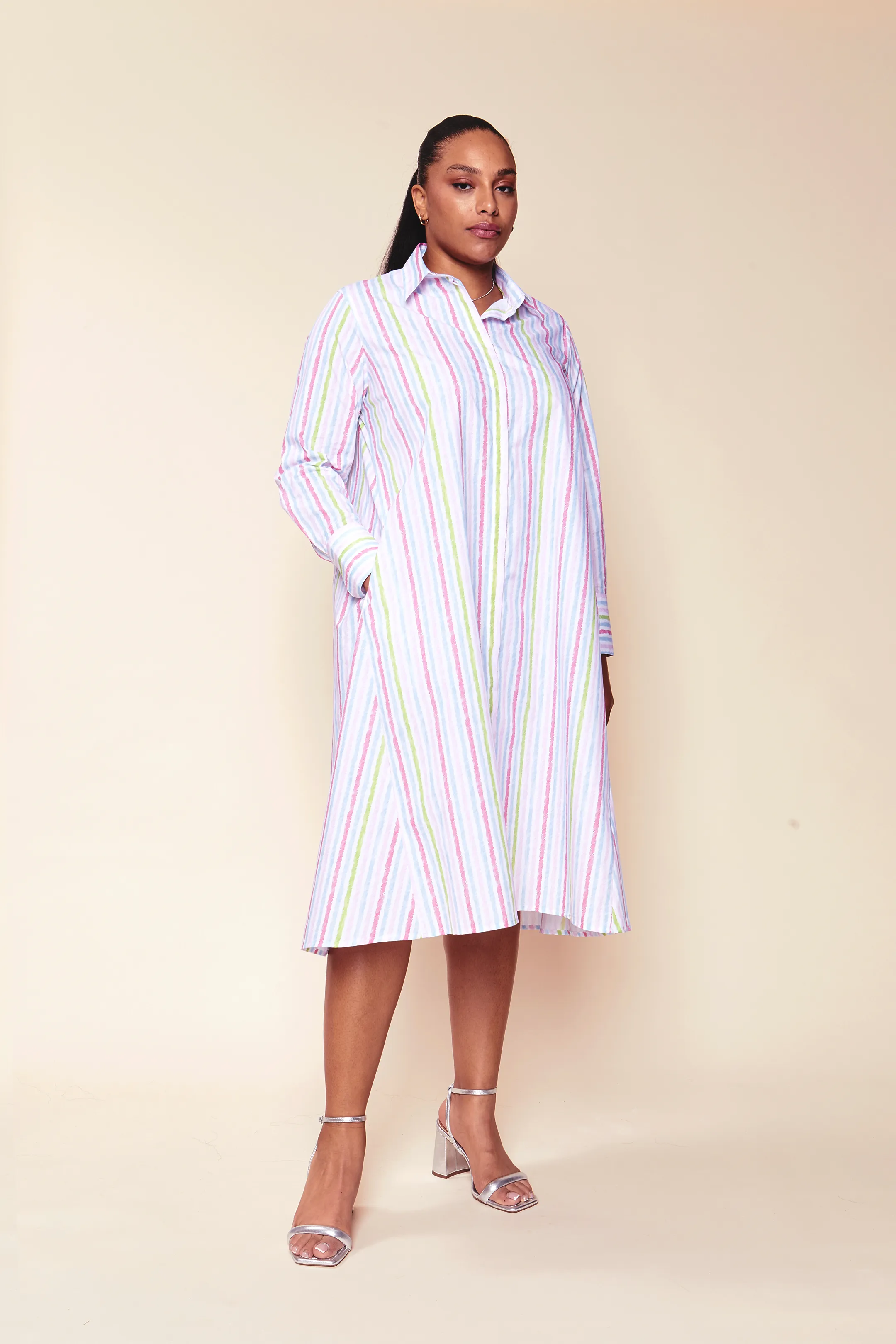 Striped Cotton Poplin Shirt Dress in Pink