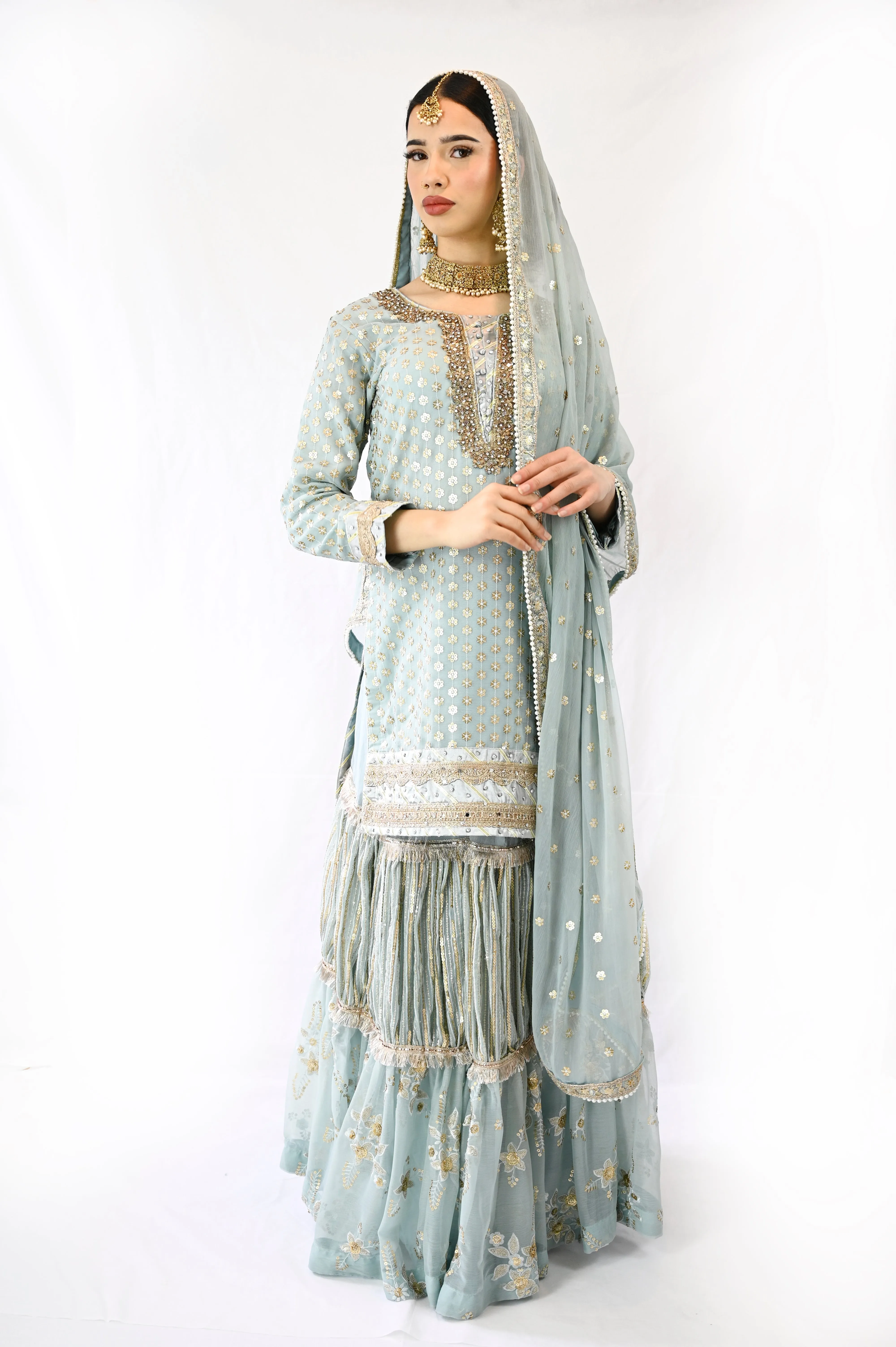 Stunning Lehenga with Knee length Kameez in Chiffon Blue
