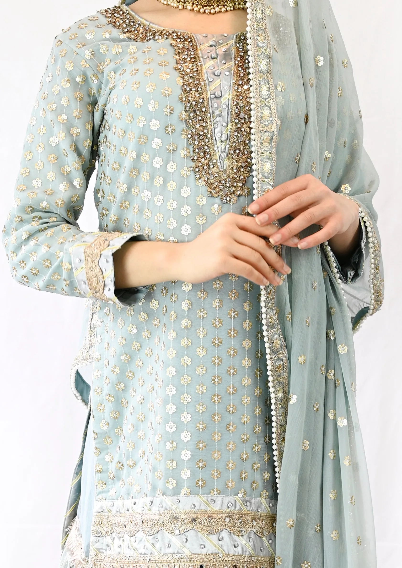 Stunning Lehenga with Knee length Kameez in Chiffon Blue
