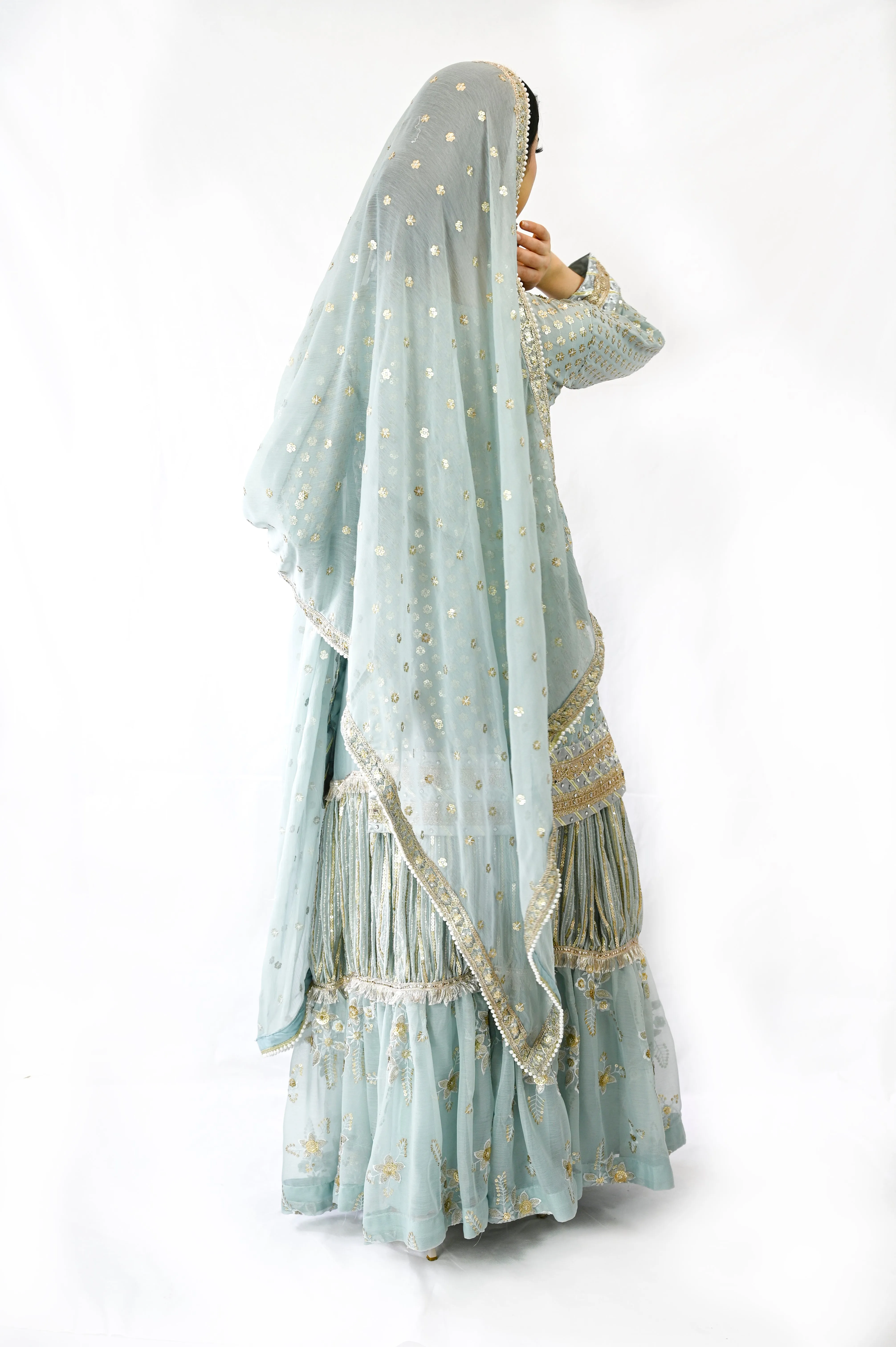 Stunning Lehenga with Knee length Kameez in Chiffon Blue