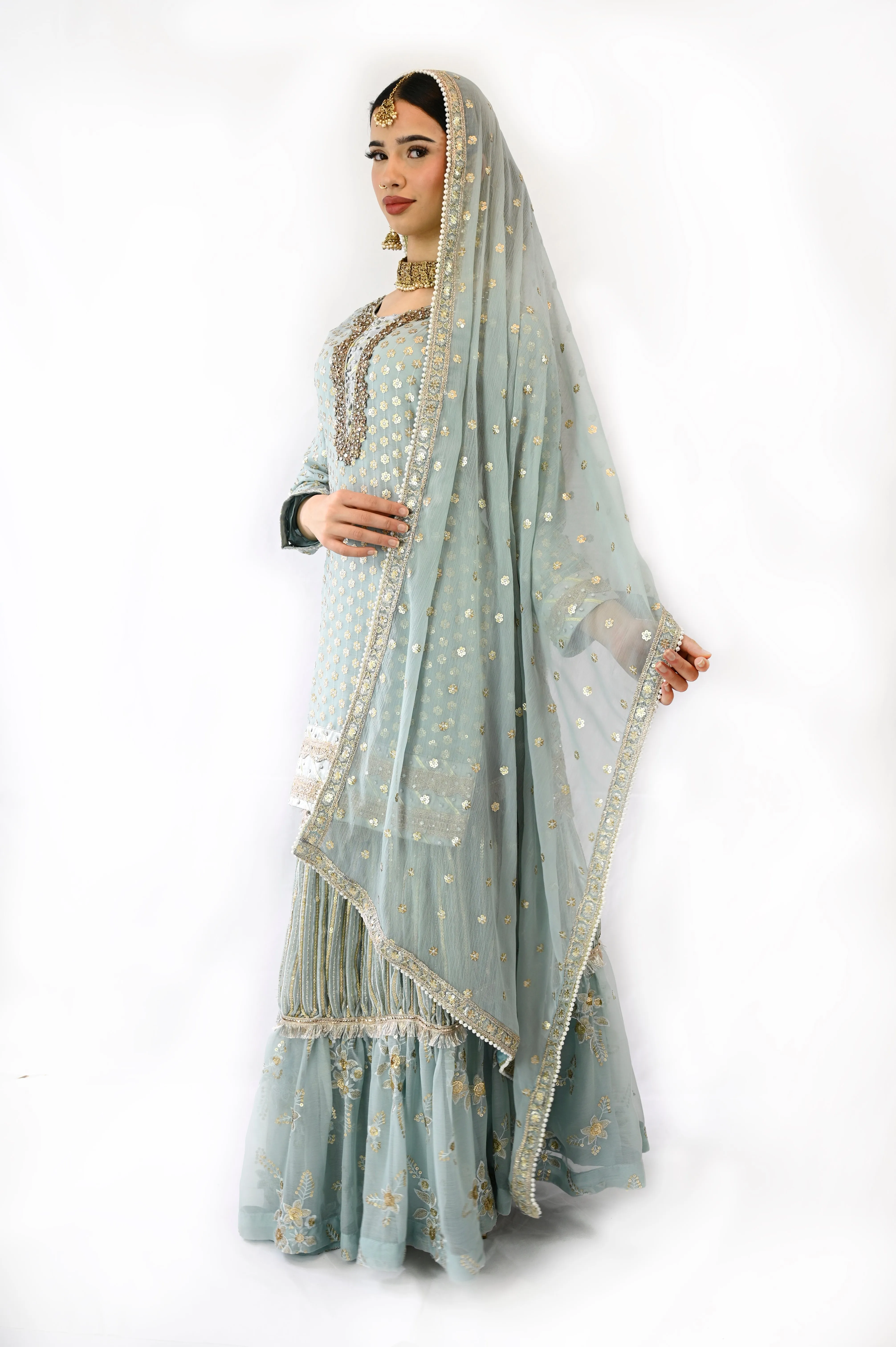 Stunning Lehenga with Knee length Kameez in Chiffon Blue