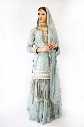 Stunning Lehenga with Knee length Kameez in Chiffon Blue