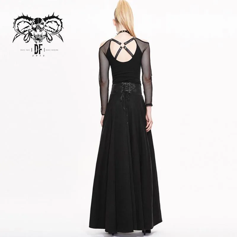 'Take a Bow' Flowy Punk Long Skirt with a Leather Waistband