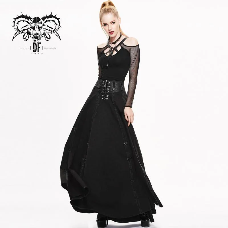 'Take a Bow' Flowy Punk Long Skirt with a Leather Waistband