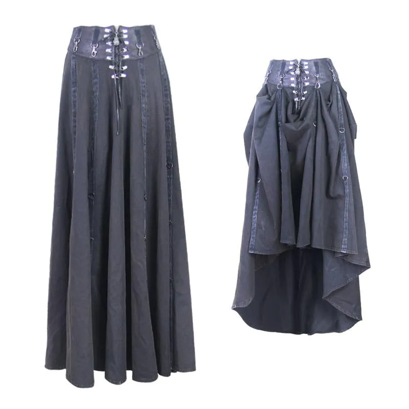 'Take a Bow' Flowy Punk Long Skirt with a Leather Waistband