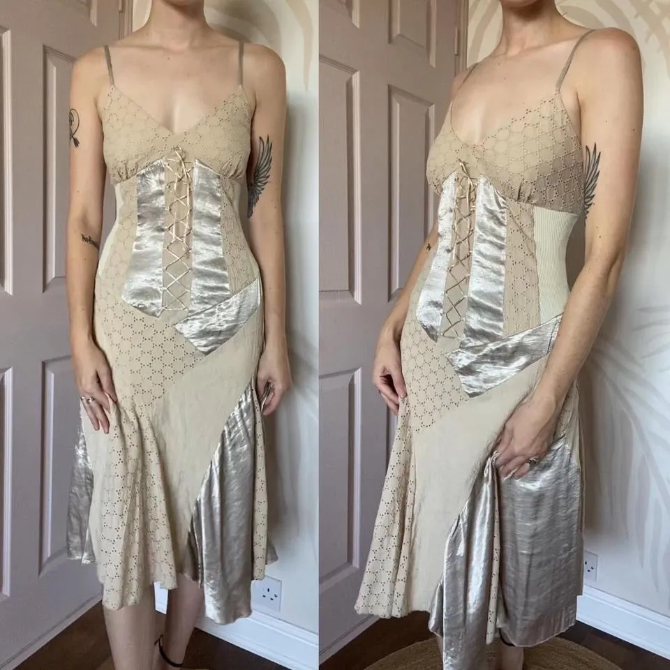 Tan satin panel lace midi dress UK 12