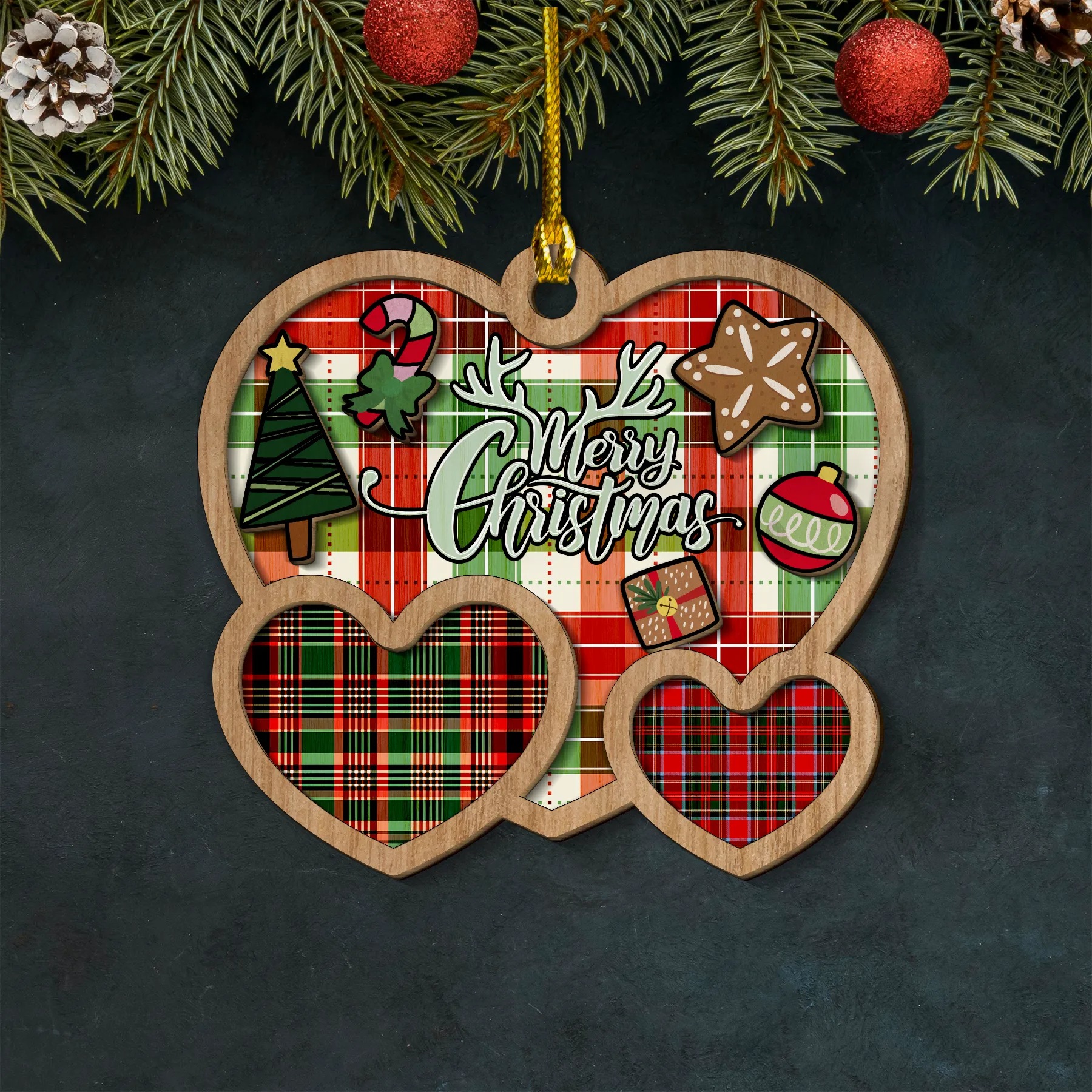 Tartan Heart Layered Wood Ornament