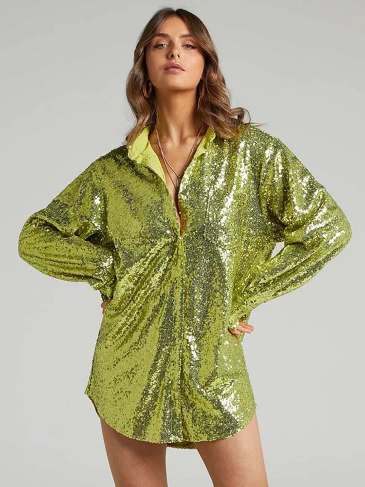 TastyHottie - Margie Turn-down Collar Bright Silk Shirt Dress