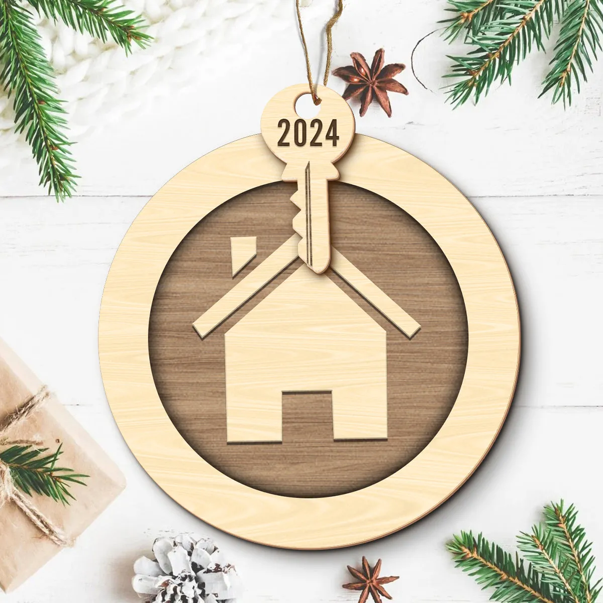 Teesdily | Customized Home Sweet Home Ornament Christmas, New House With Key 3 Layer Wood Ornament, First Home 2024 Christmas Gift