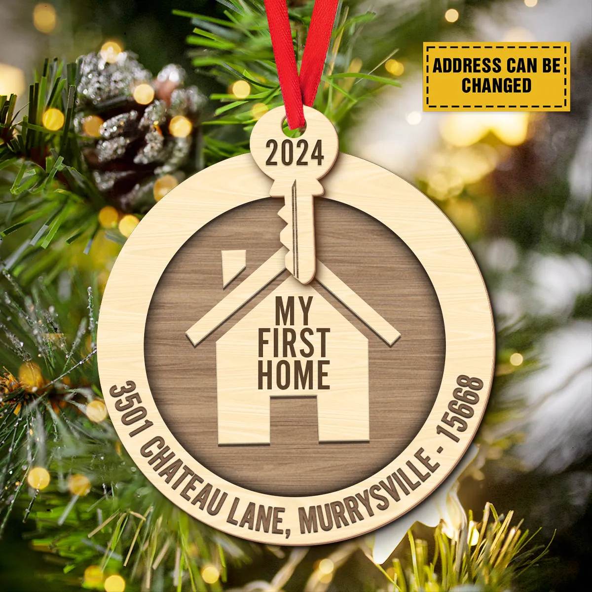 Teesdily | Customized Home Sweet Home Ornament Christmas, New House With Key 3 Layer Wood Ornament, First Home 2024 Christmas Gift