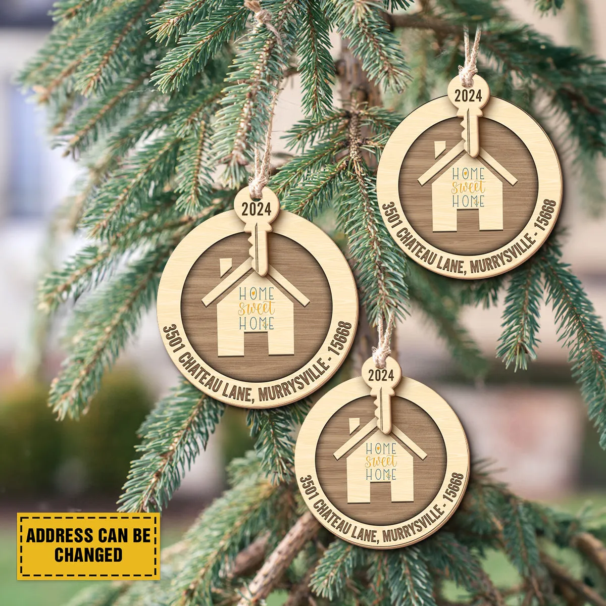Teesdily | Customized Home Sweet Home Ornament Christmas, New House With Key 3 Layer Wood Ornament, First Home 2024 Christmas Gift