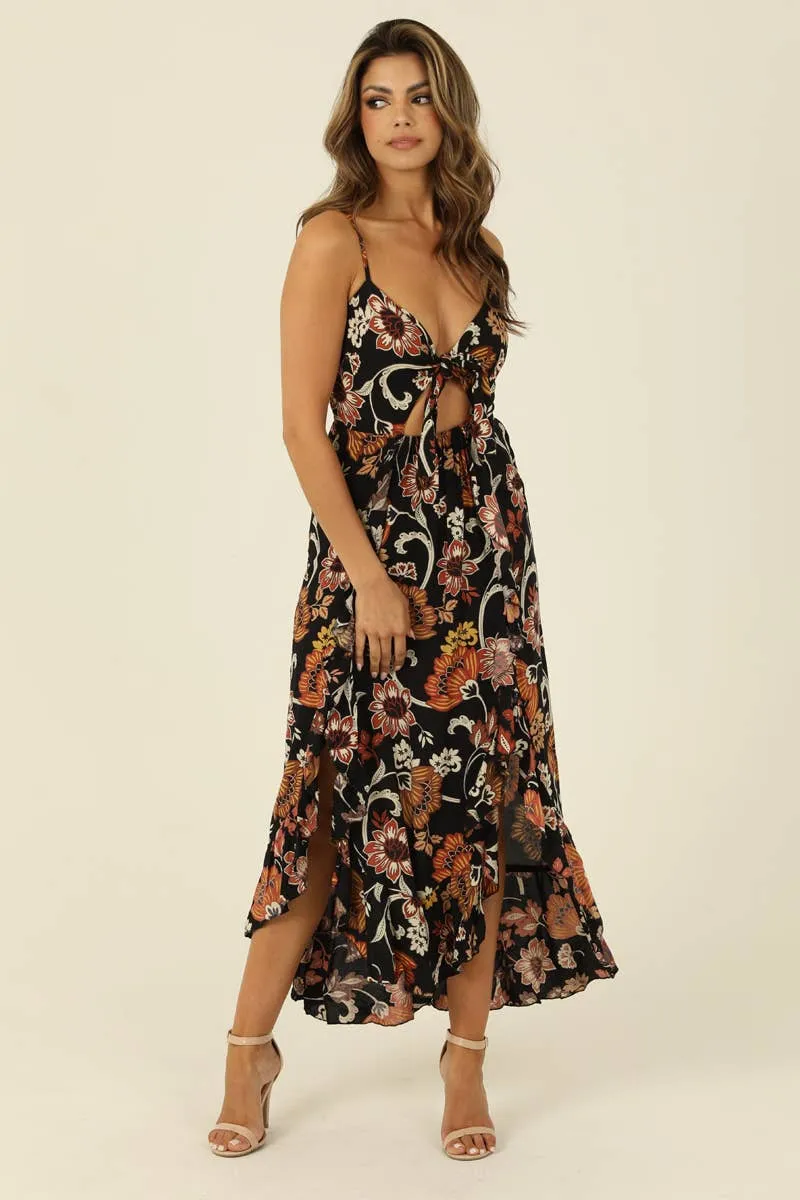 V-Neck Tie Front Ruffle Slits Maxi Dress
