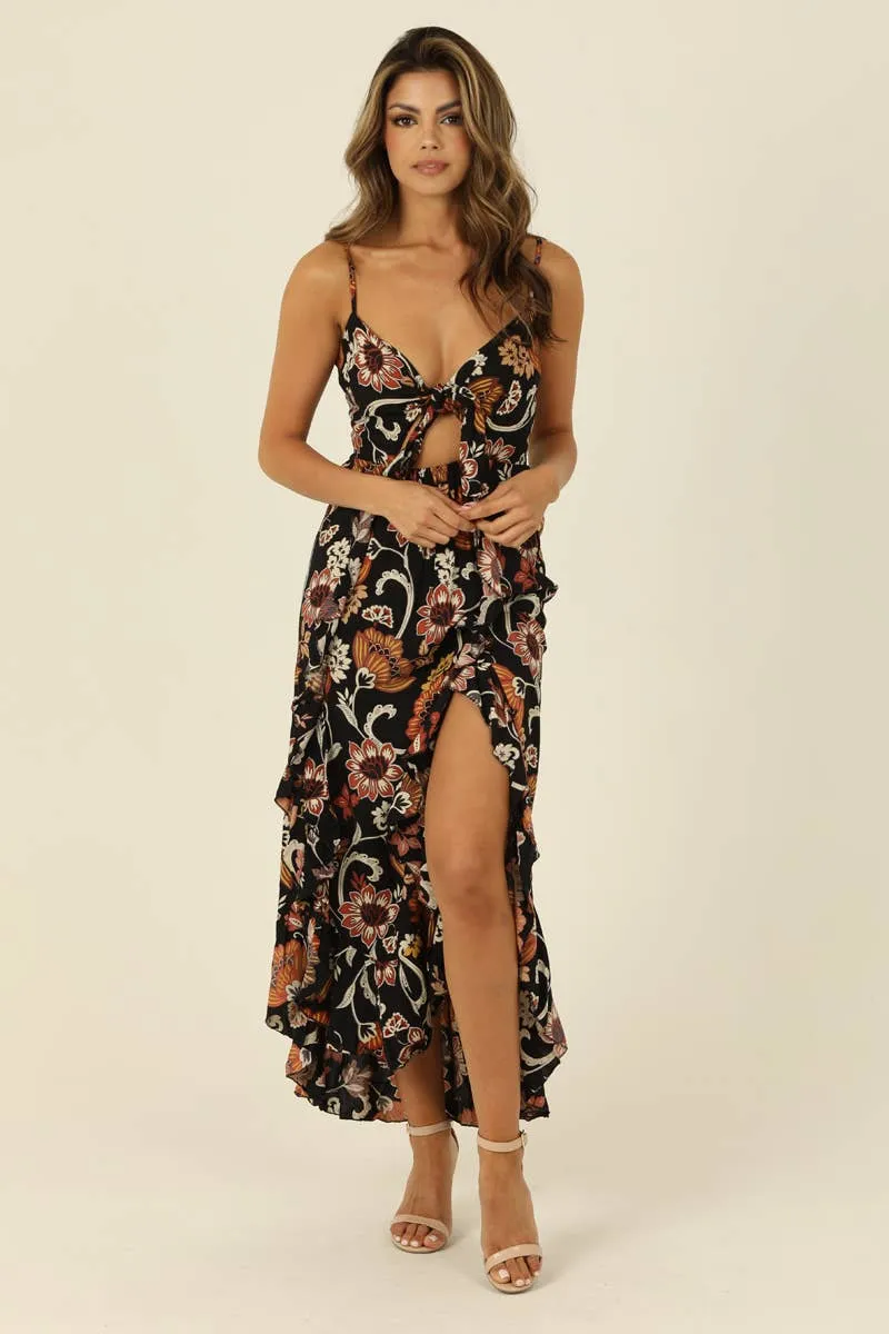 V-Neck Tie Front Ruffle Slits Maxi Dress