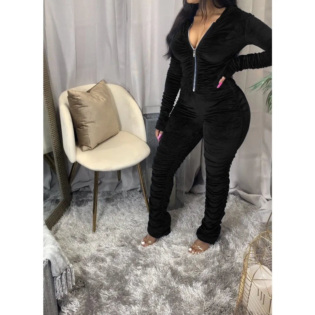 Velvet Ruched Bodycon Hoodies Jumpsuit