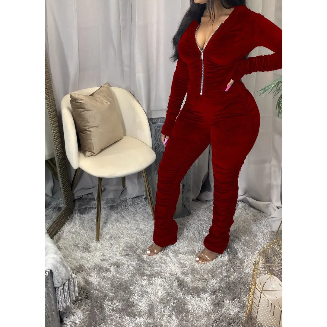 Velvet Ruched Bodycon Hoodies Jumpsuit