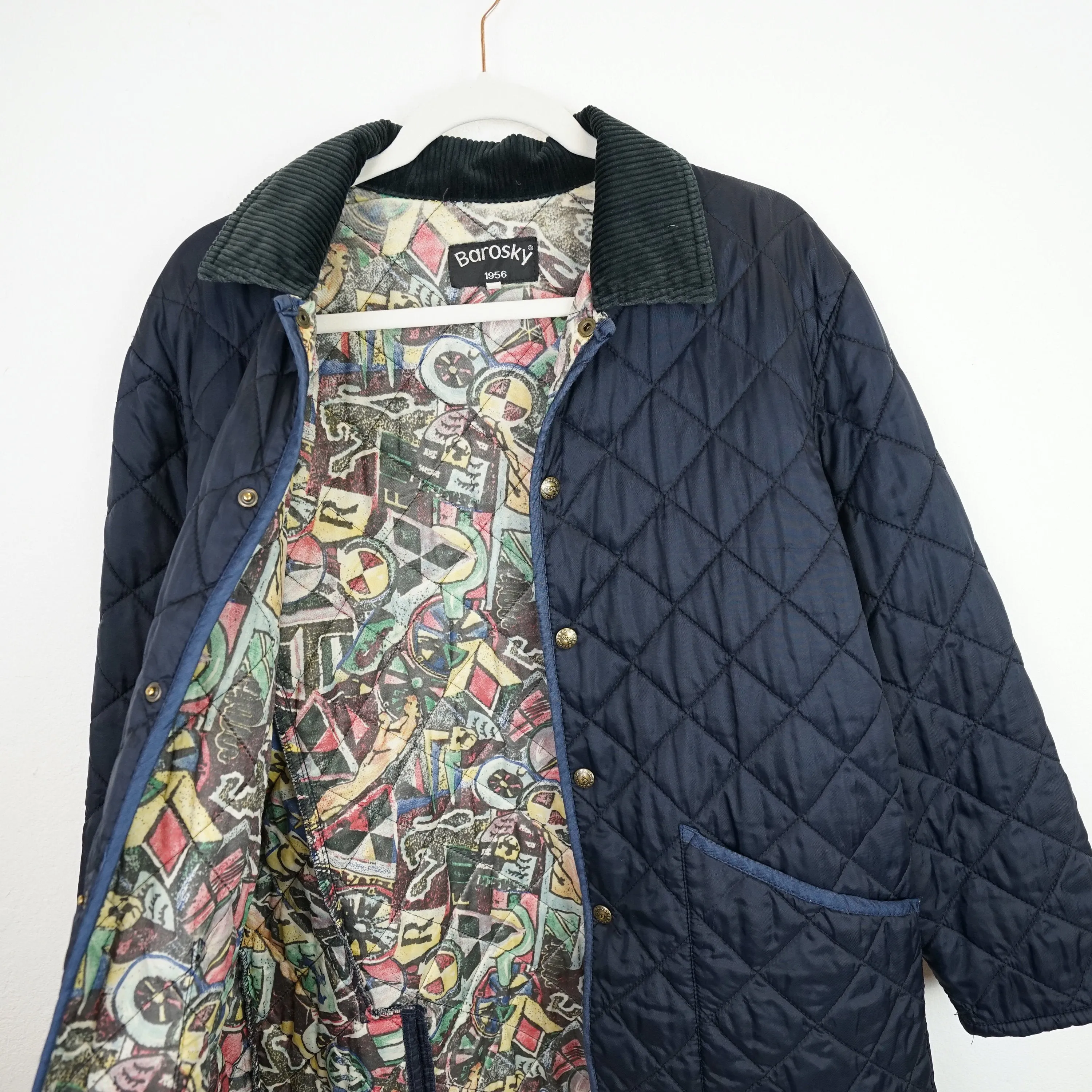 Vintage blue quilted jacket Men Size S crazy pattern lining