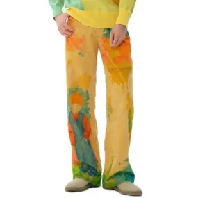 Watercolor Illustration Printed Denim Trousers In Yellow