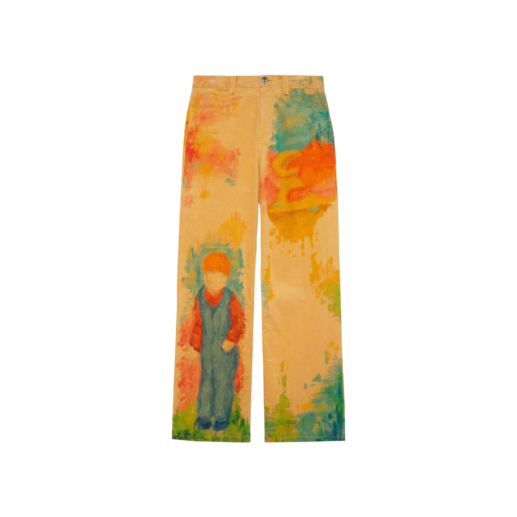 Watercolor Illustration Printed Denim Trousers In Yellow