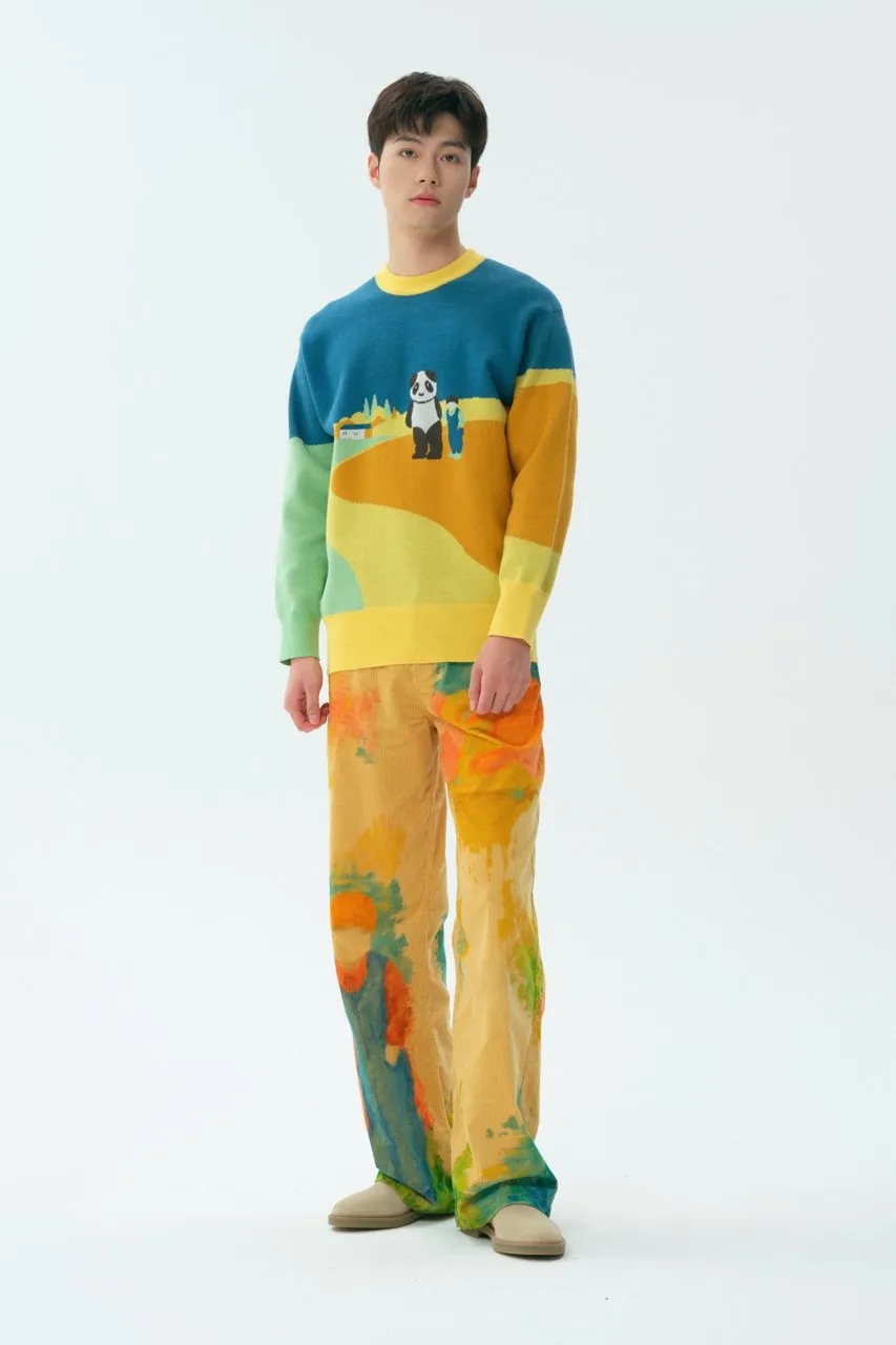 Watercolor Illustration Printed Denim Trousers In Yellow