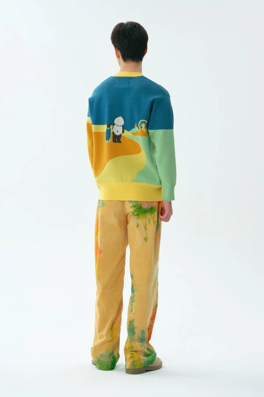 Watercolor Illustration Printed Denim Trousers In Yellow