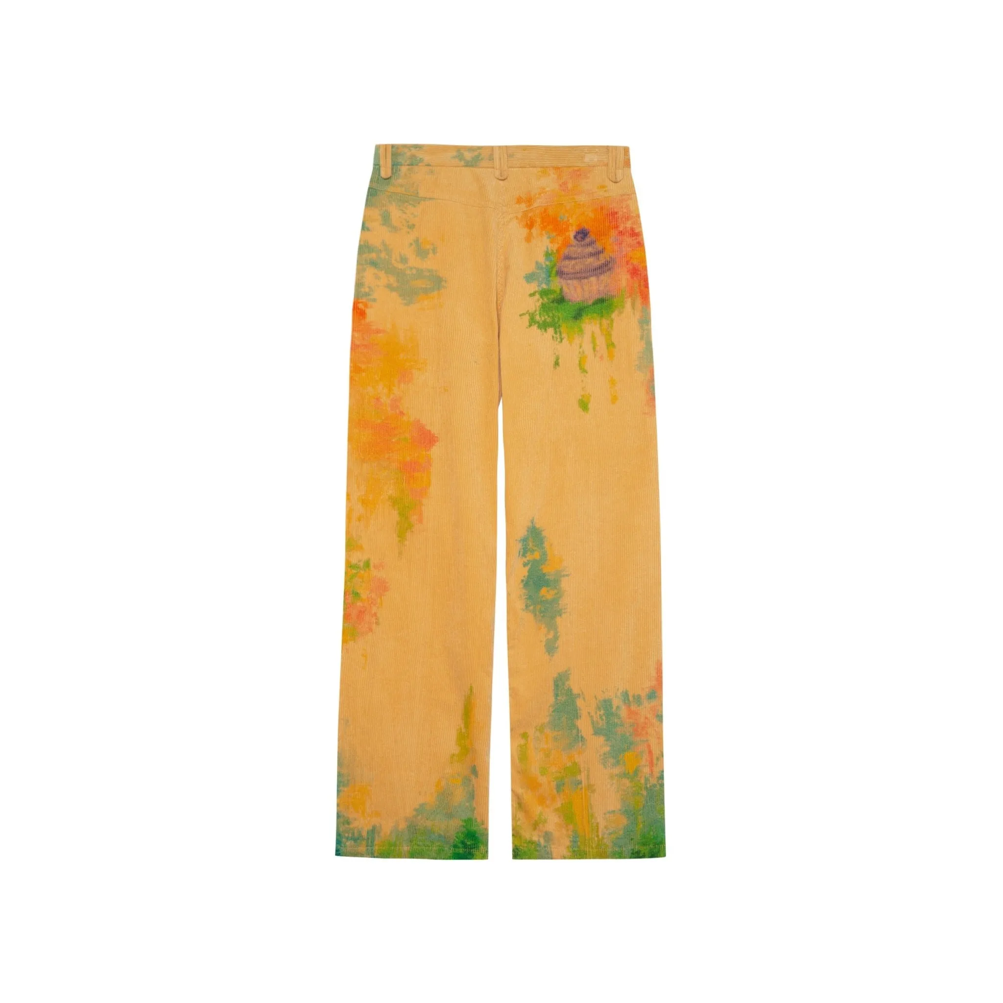 Watercolor Illustration Printed Denim Trousers In Yellow