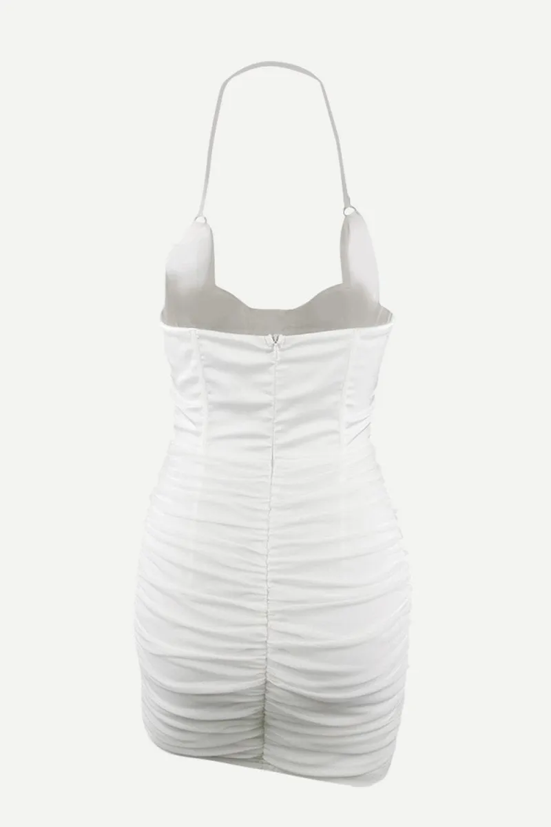 White Bodycon Dress Lace-Up Ruched Halter Neck