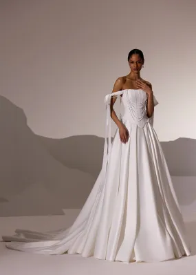 White Off-Shoulder Corset Wedding Gown with Draped Bodice and Flowing Train - Plus Size