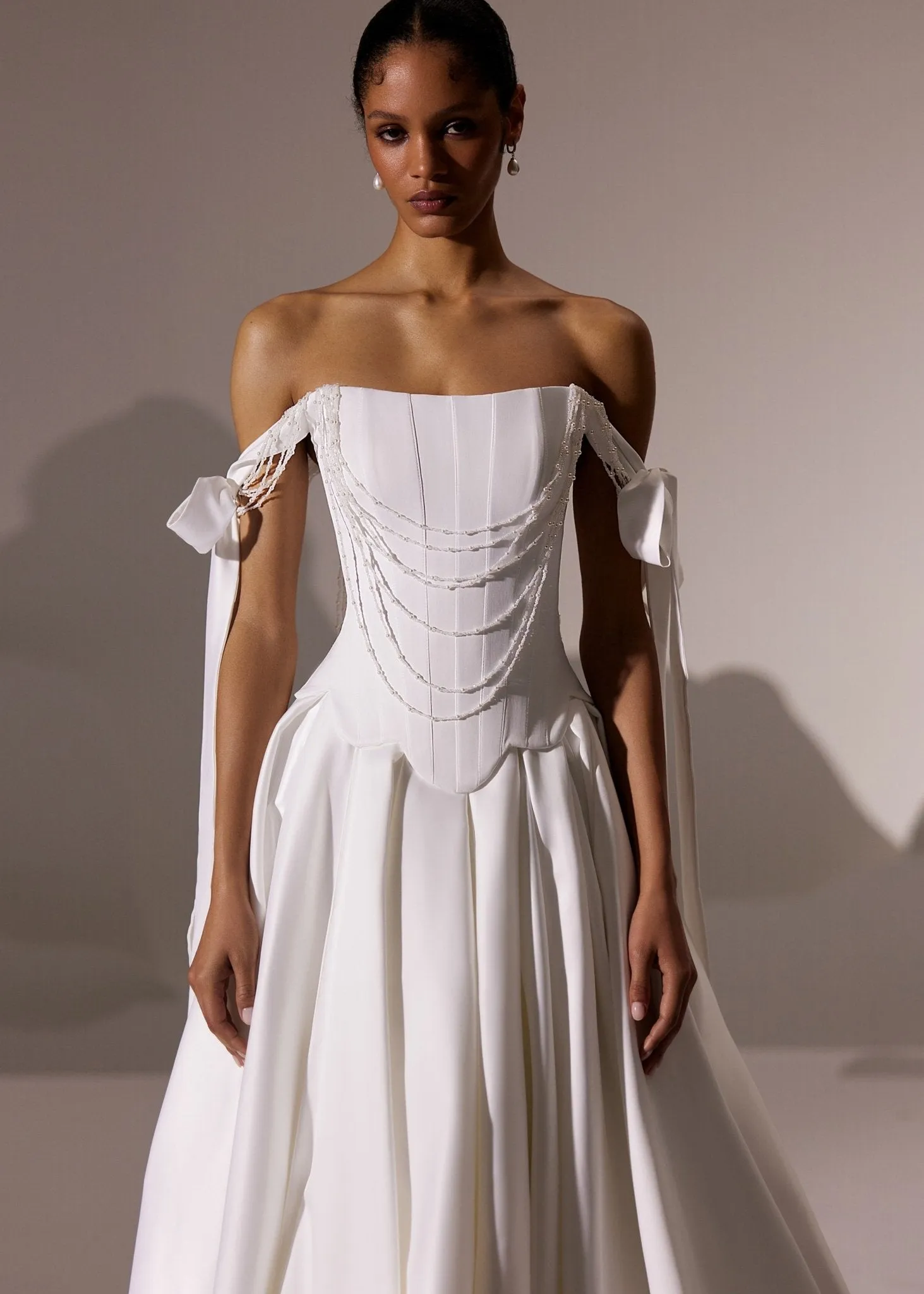 White Off-Shoulder Corset Wedding Gown with Draped Bodice and Flowing Train - Plus Size