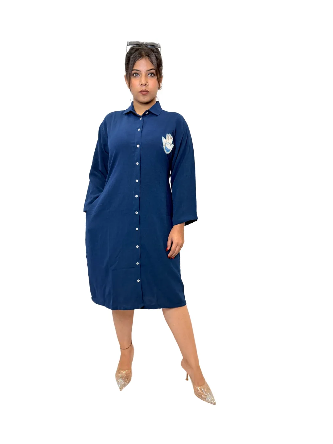 Women Blue Evil Eye Charm Long Shirt Dress