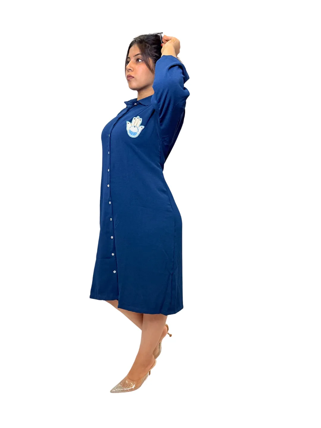 Women Blue Evil Eye Charm Long Shirt Dress