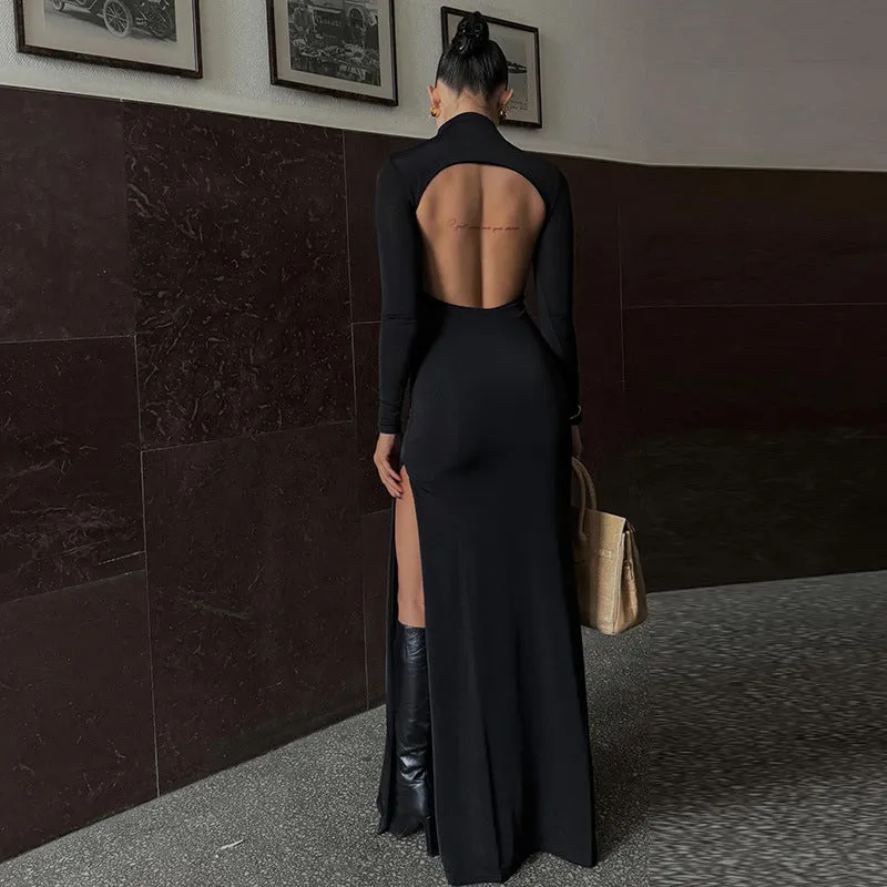 Women Long Sleeve High Neck Sexy Backless Slit Evening Dress
