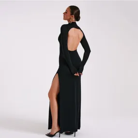 Women Long Sleeve High Neck Sexy Backless Slit Evening Dress