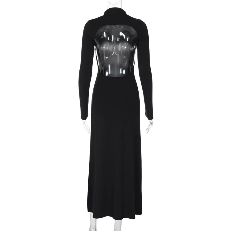 Women Long Sleeve High Neck Sexy Backless Slit Evening Dress