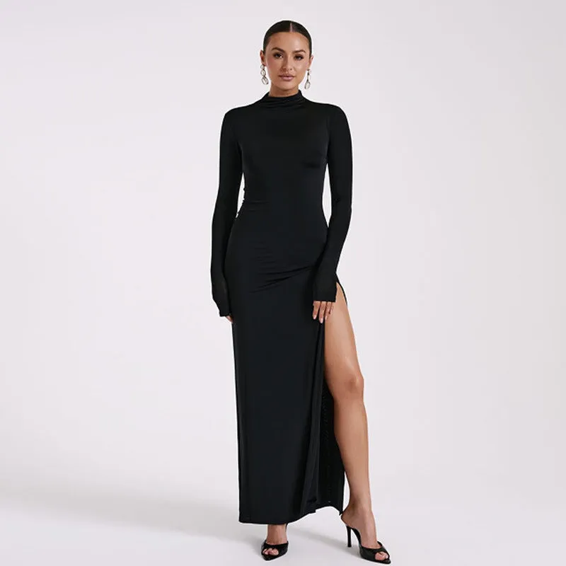 Women Long Sleeve High Neck Sexy Backless Slit Evening Dress