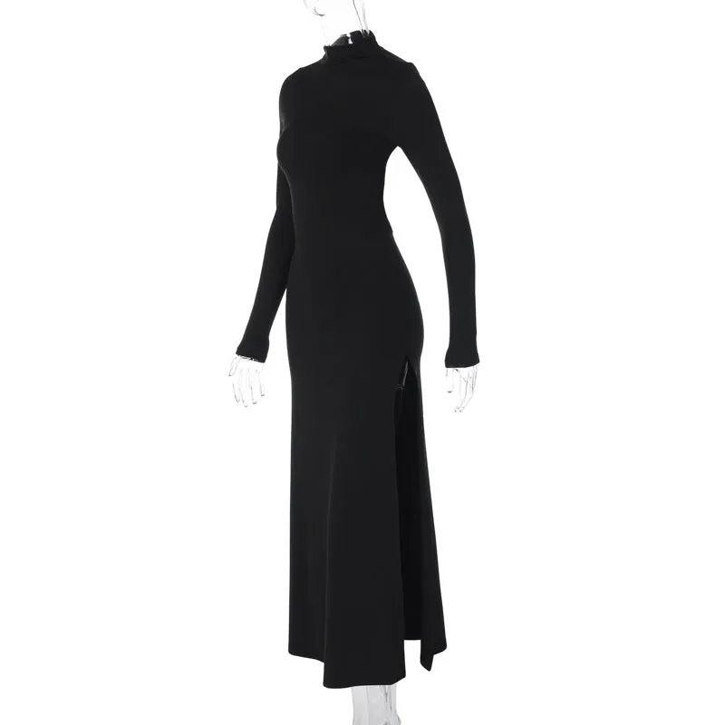 Women Long Sleeve High Neck Sexy Backless Slit Evening Dress