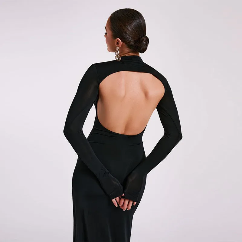 Women Long Sleeve High Neck Sexy Backless Slit Evening Dress