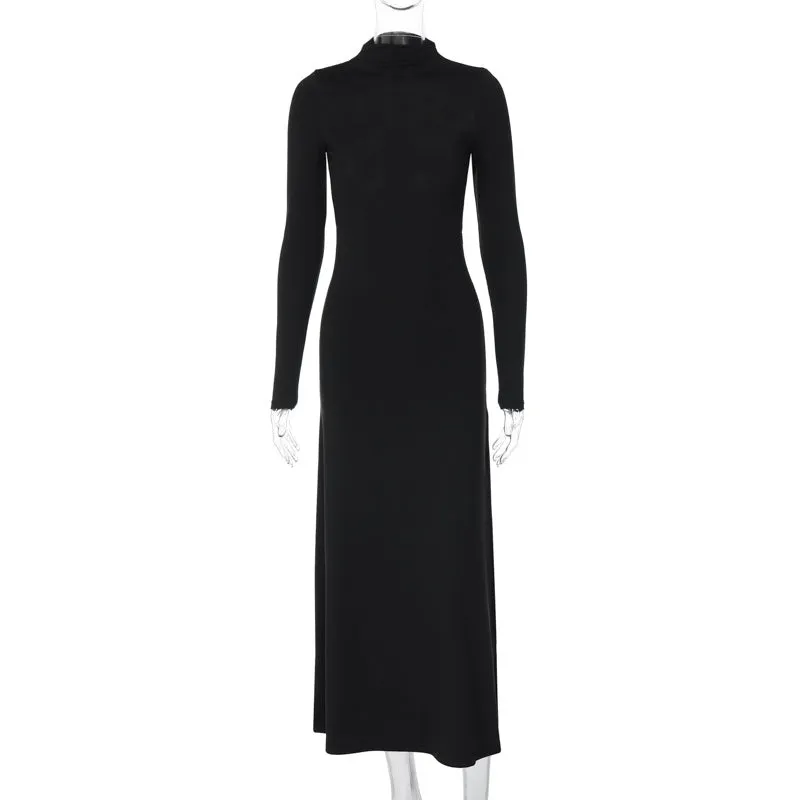 Women Long Sleeve High Neck Sexy Backless Slit Evening Dress