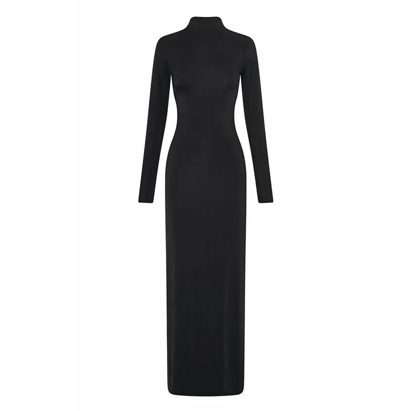 Women Long Sleeve High Neck Sexy Backless Slit Evening Dress