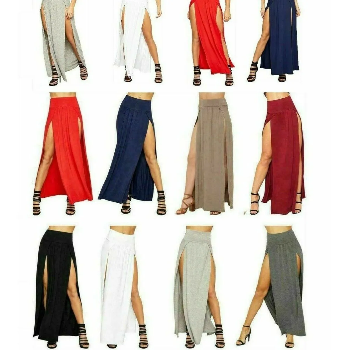 Women Side Slit Double Plain Stretchy Gypsy Maxi Long Skirt