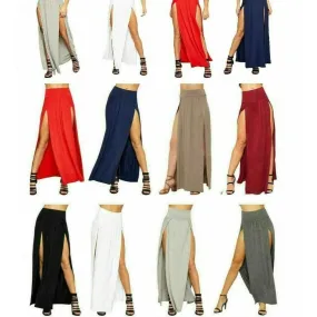 Women Side Slit Double Plain Stretchy Gypsy Maxi Long Skirt