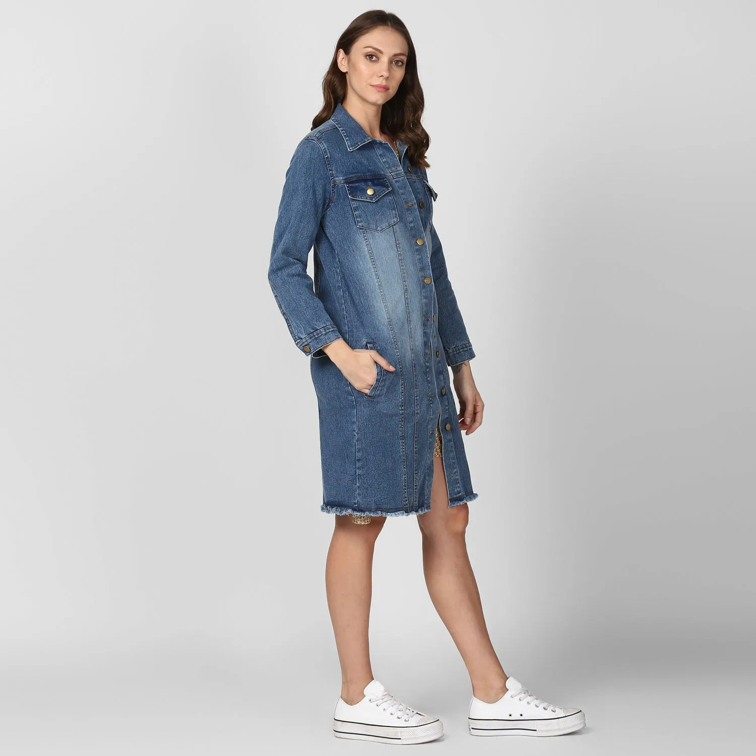 Women's Long Overcoat Style Denim Jacket with Washed effect - StyleStone