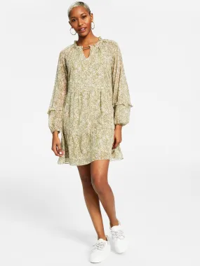 Women's Printed Metallic Chiffon Dress,Light Olive