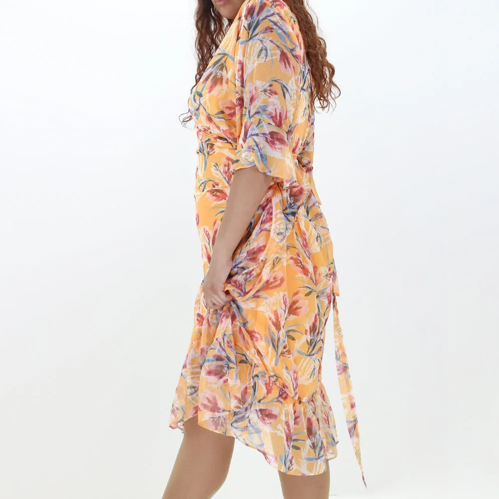 Women's Side Tie Belt Dress,Yellow