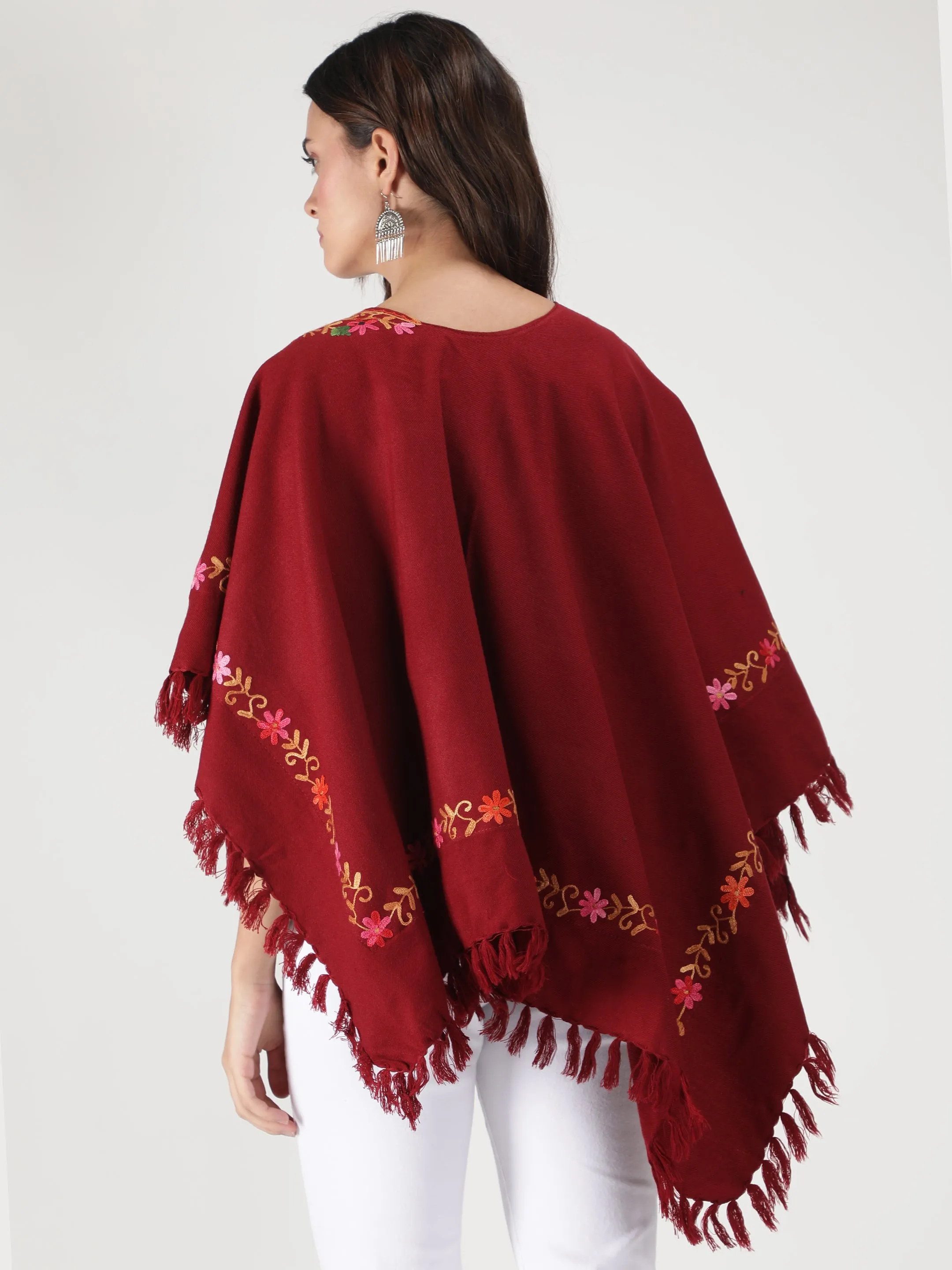 Woolen Poncho with Kashmiri Embroidery and Silk Lining | Maroon